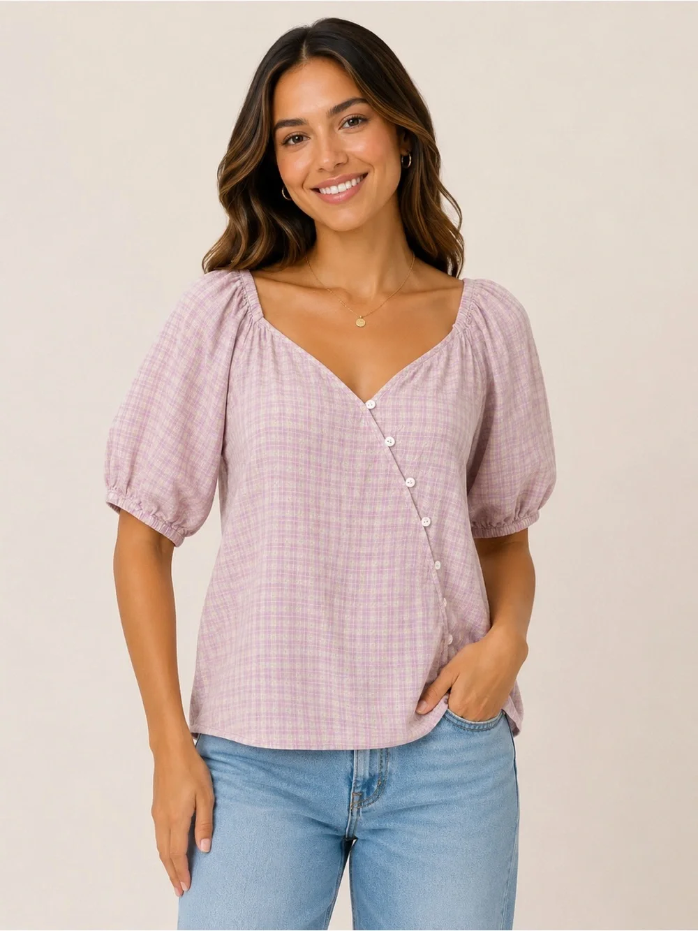 Madewell Plus Size 3X Linen Blend Puff Sleeve Button Wrap Top Sweet Lavender Pld